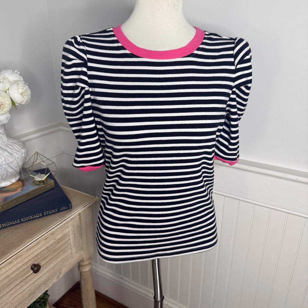 Rebecca Minkoff Black White Striped Pink Trim Puff Sleeve Ribbed Top Small